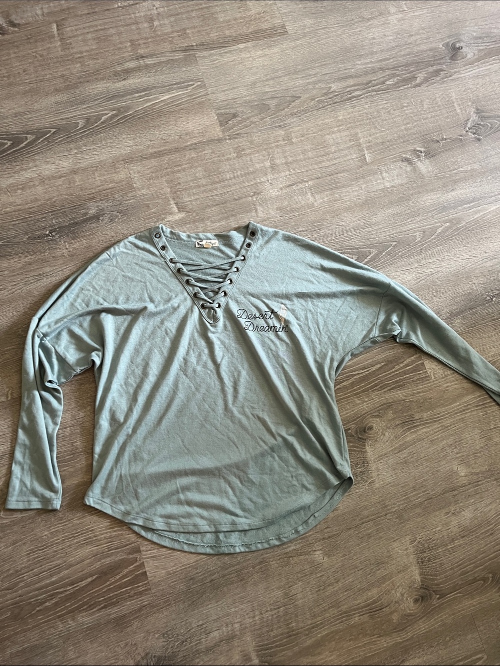 About A Girl Lace-Up V-Neck Long Sleeve Top - Sage